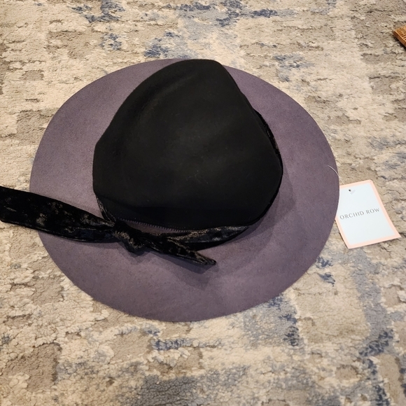 NWT Orchid Row Wool wide brim hat. Black Grey. Velvet sash. - Picture 2 of 12